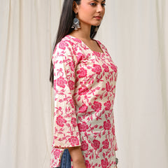 Women Cream Pink Floral Printed Cotton Short Kurti - Flowy View