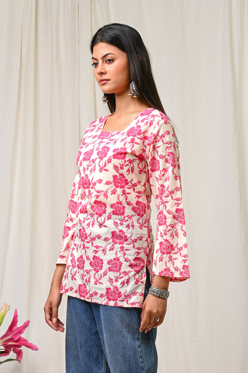 Women Cream Pink Floral Printed Cotton Short Kurti - Full Length View