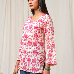 Women Cream Pink Floral Printed Cotton Short Kurti - Full Length View