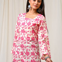 Women Cream Pink Floral Printed Cotton Short Kurti - View 6