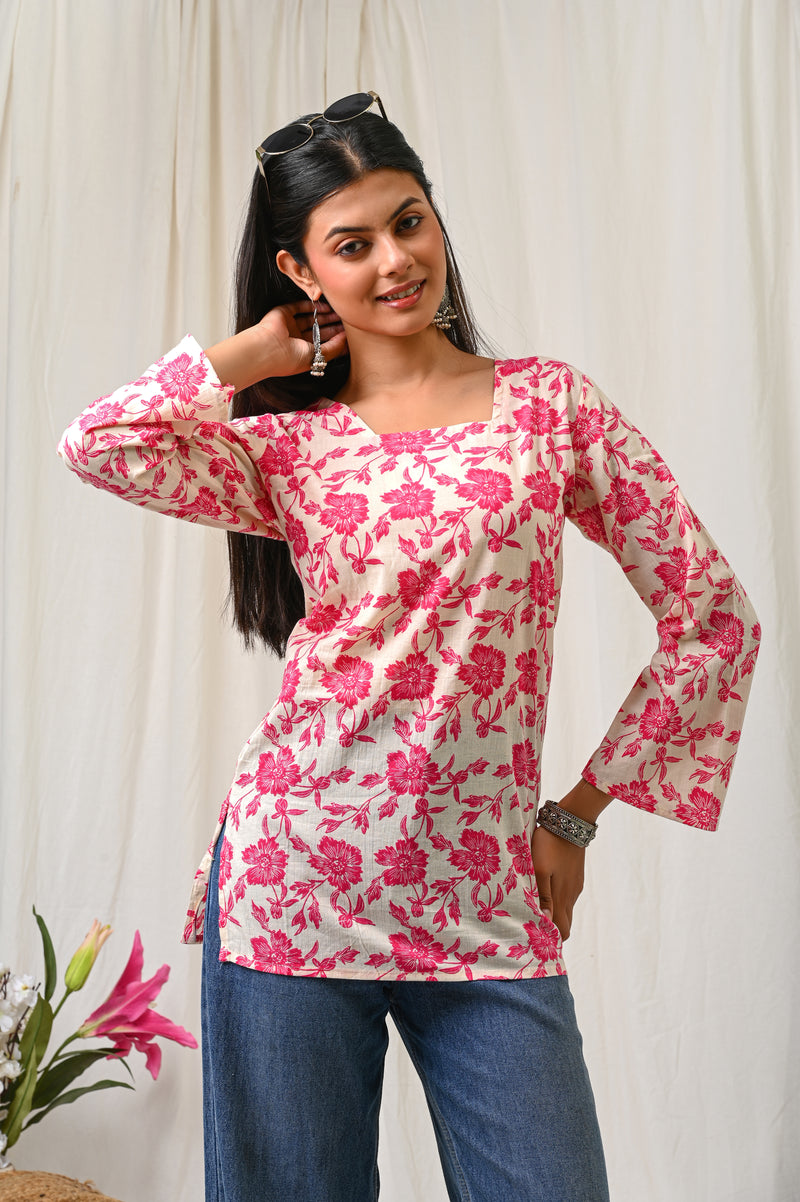 Women Cream Pink Floral Printed Cotton Short Kurti - View 8