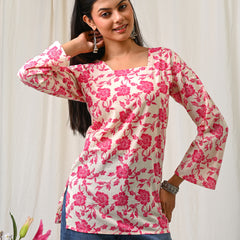 Women Cream Pink Floral Printed Cotton Short Kurti - View 8