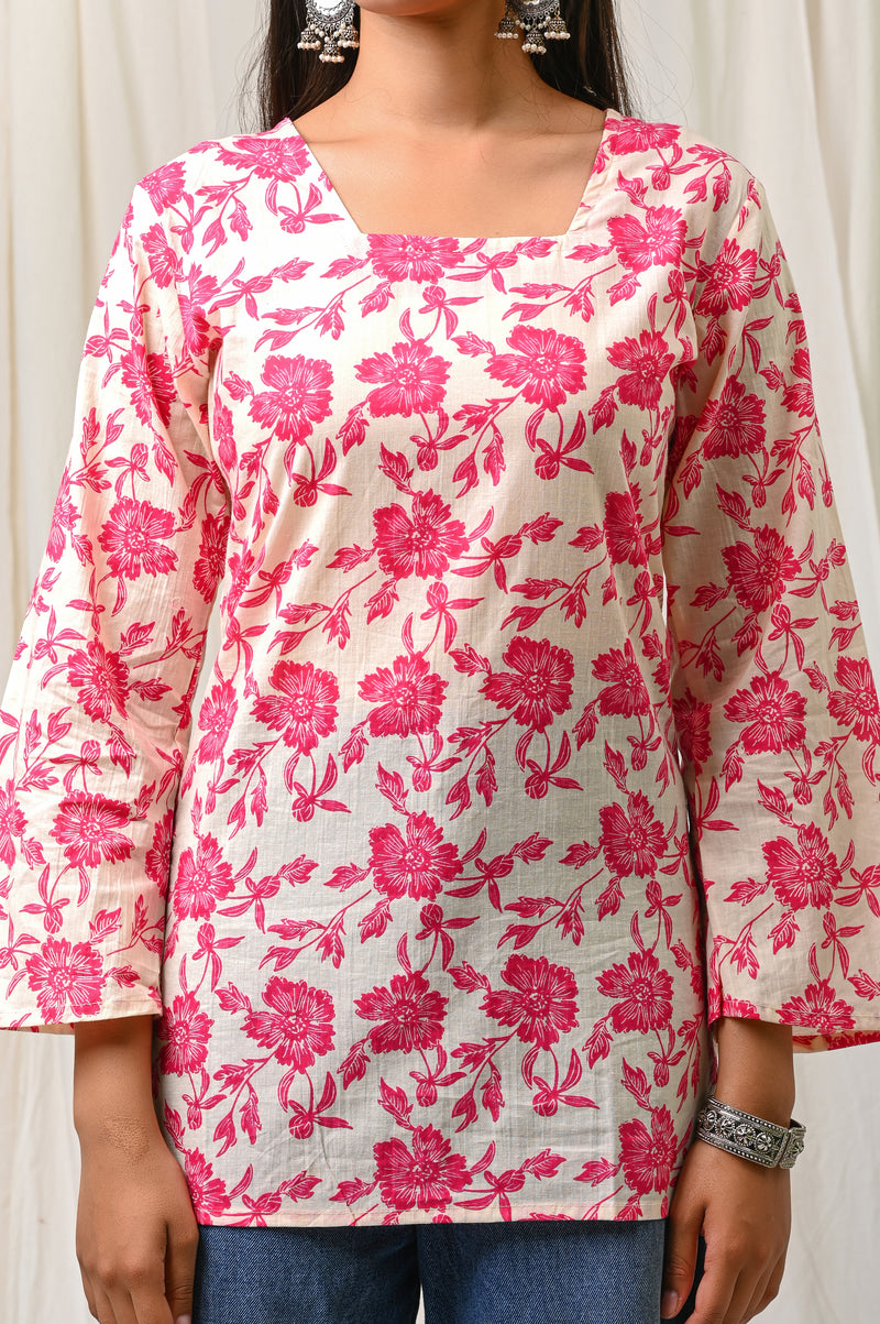Women Cream Pink Floral Printed Cotton Short Kurti - View 9