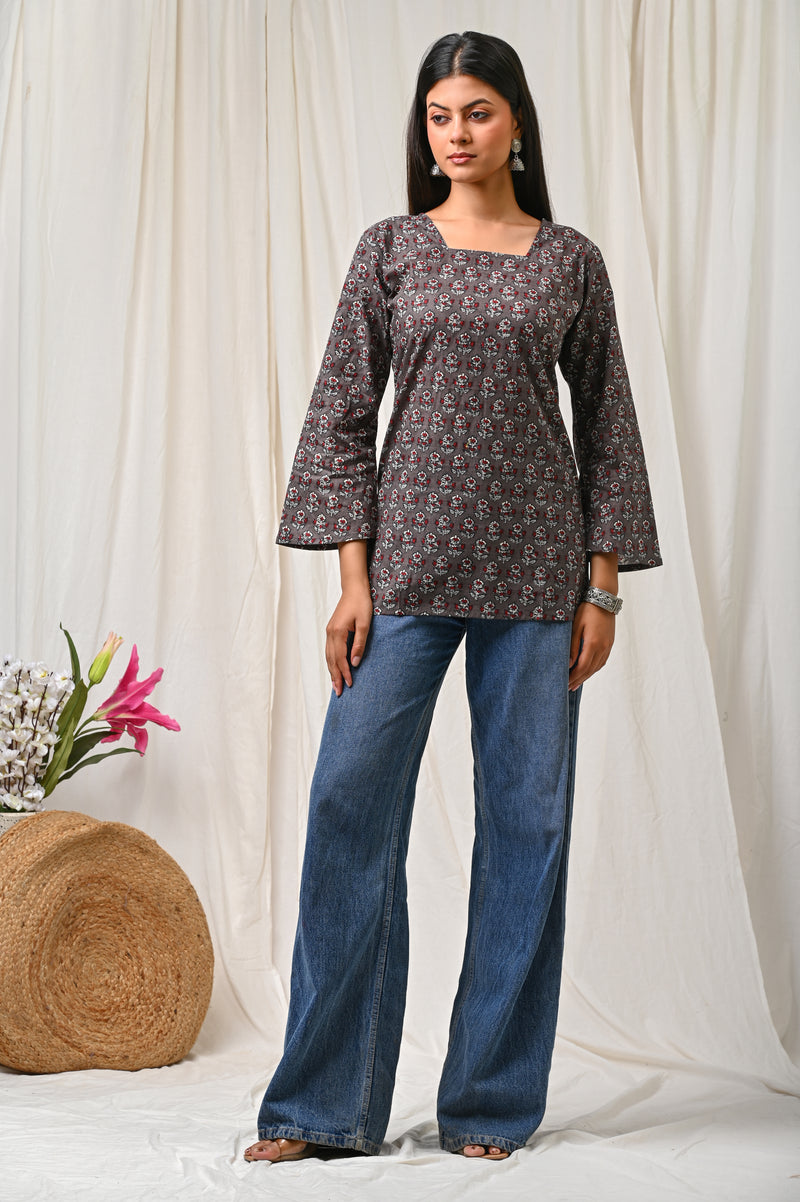 Women Orange Floral Printed Cotton Short Kurti - View 11