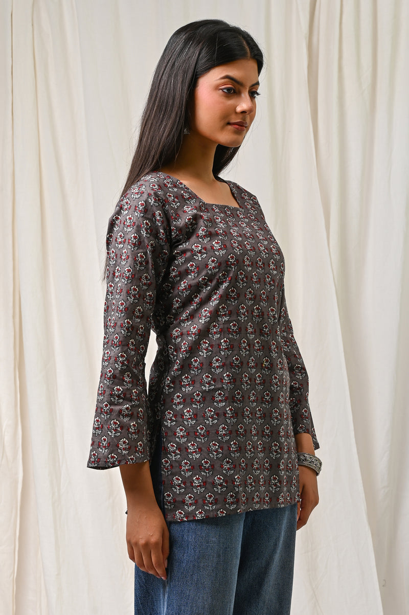 Women Orange Floral Printed Cotton Short Kurti - View 12
