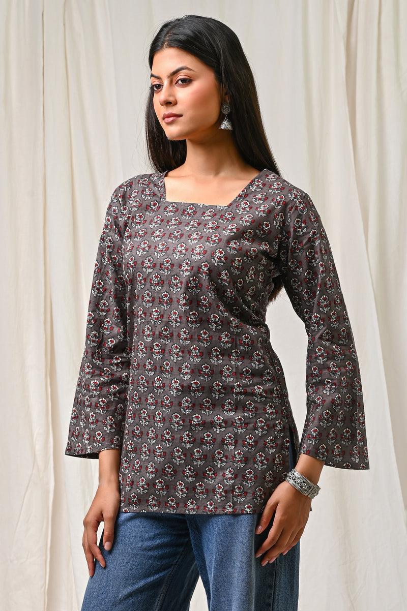 Women Orange Floral Printed Cotton Short Kurti - View 13