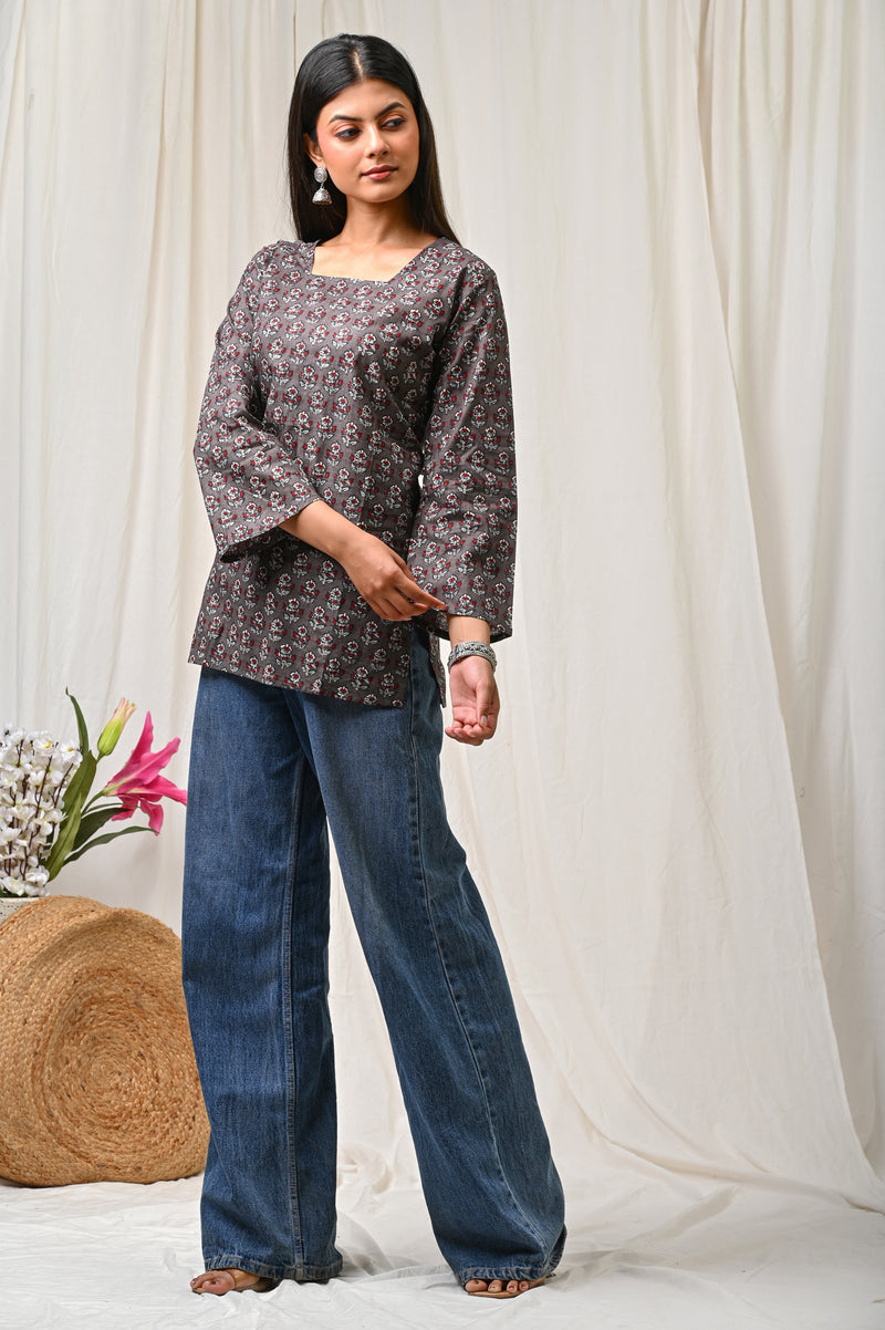 Women Orange Floral Printed Cotton Short Kurti - View 14