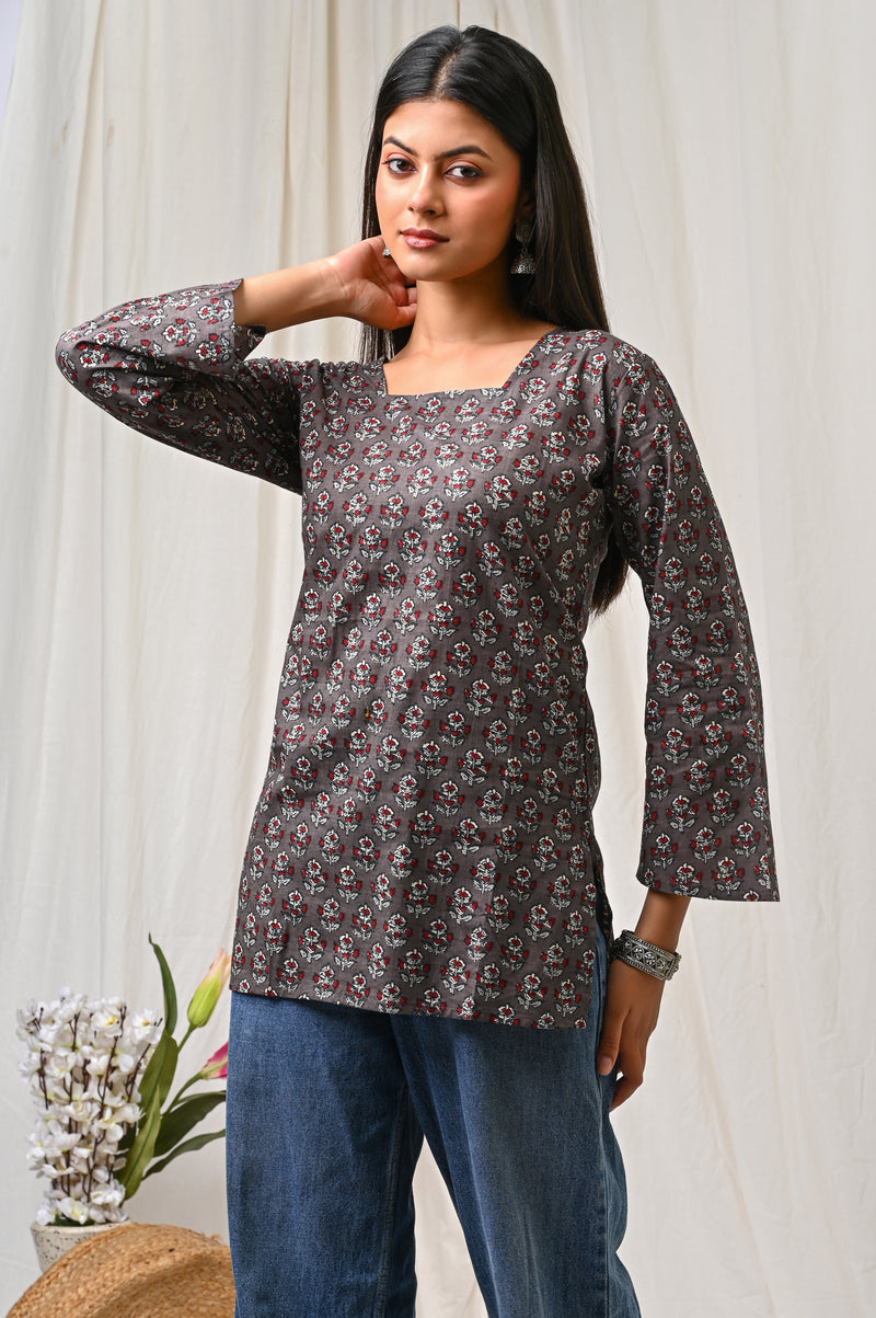 Women Orange Floral Printed Cotton Short Kurti - View 15