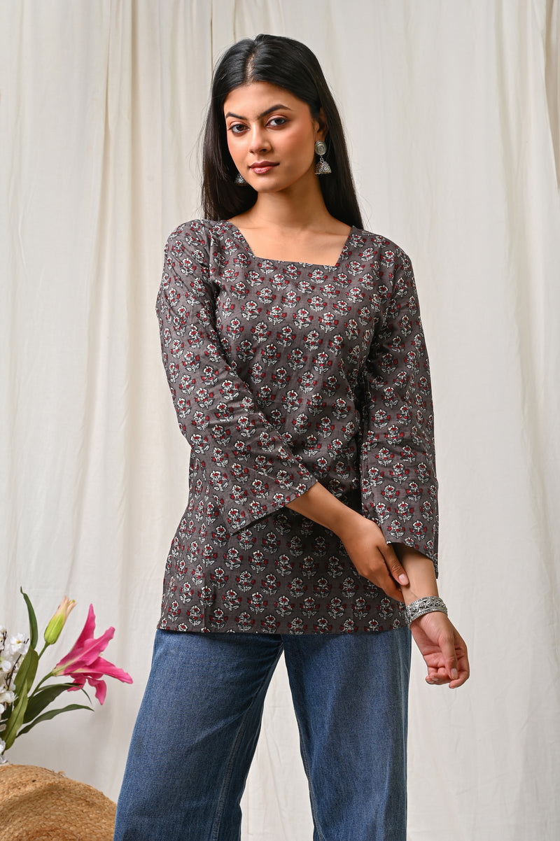 Women Orange Floral Printed Cotton Short Kurti - View 16