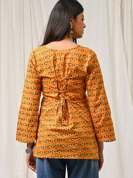 Women Orange Floral Printed Cotton Short Kurti - Side / Back View