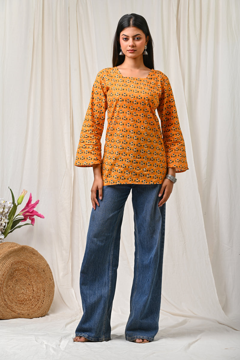 Women Orange Floral Printed Cotton Short Kurti - Detail View
