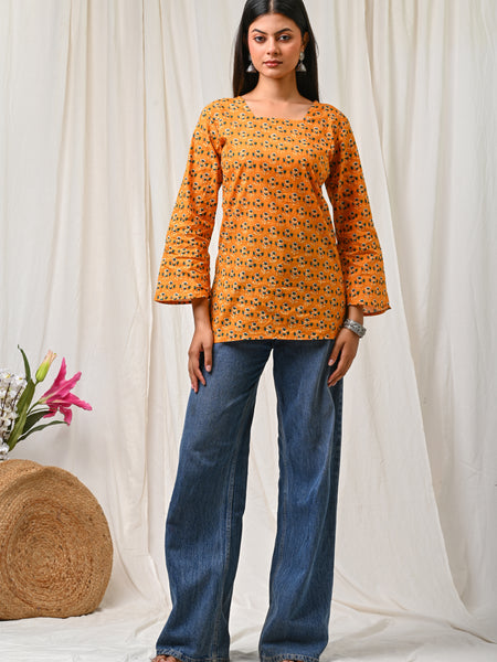Women Orange Floral Printed Cotton Short Kurti - Detail View