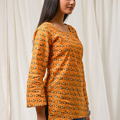 Women Orange Floral Printed Cotton Short Kurti - Flowy View