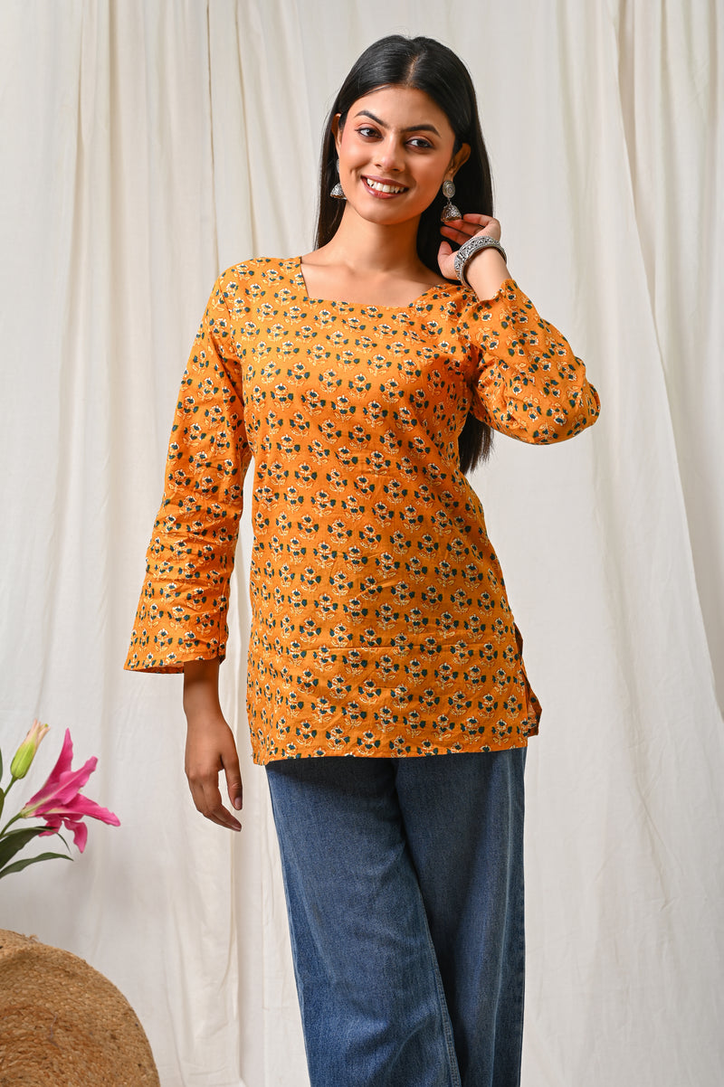 Women Orange Floral Printed Cotton Short Kurti - View 7