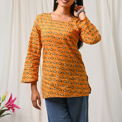 Women Orange Floral Printed Cotton Short Kurti - View 7