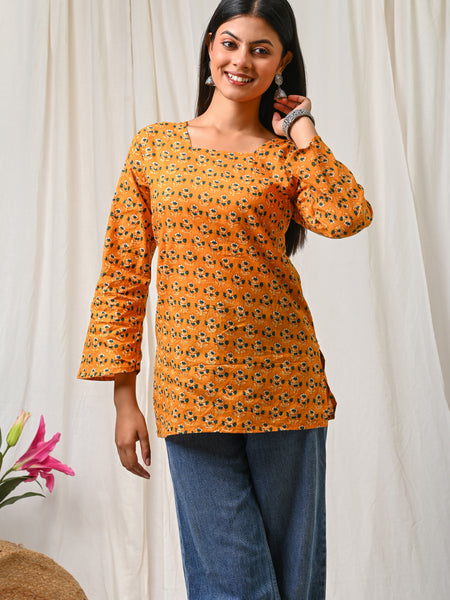 Women Orange Floral Printed Cotton Short Kurti - View 7