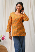 Women Orange Floral Printed Cotton Short Kurti