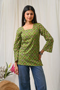 Women Green Multicolor Printed Cotton Short Kurti