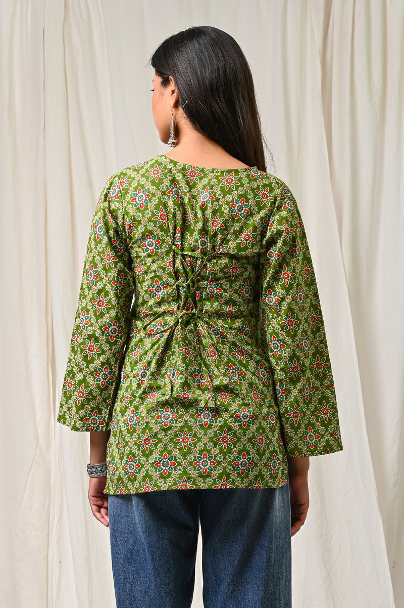 Women Green Multicolor Printed Cotton Short Kurti - Detail View