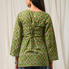 Women Green Multicolor Printed Cotton Short Kurti - Detail View