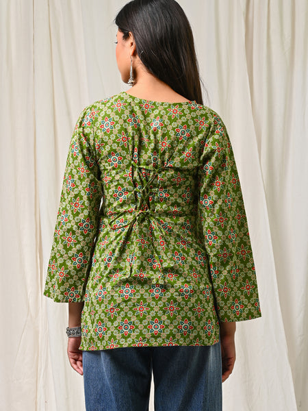 Women Green Multicolor Printed Cotton Short Kurti - Detail View