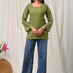 Women Green Multicolor Printed Cotton Short Kurti - Flowy View