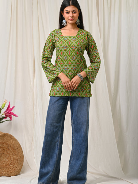 Women Green Multicolor Printed Cotton Short Kurti - Flowy View