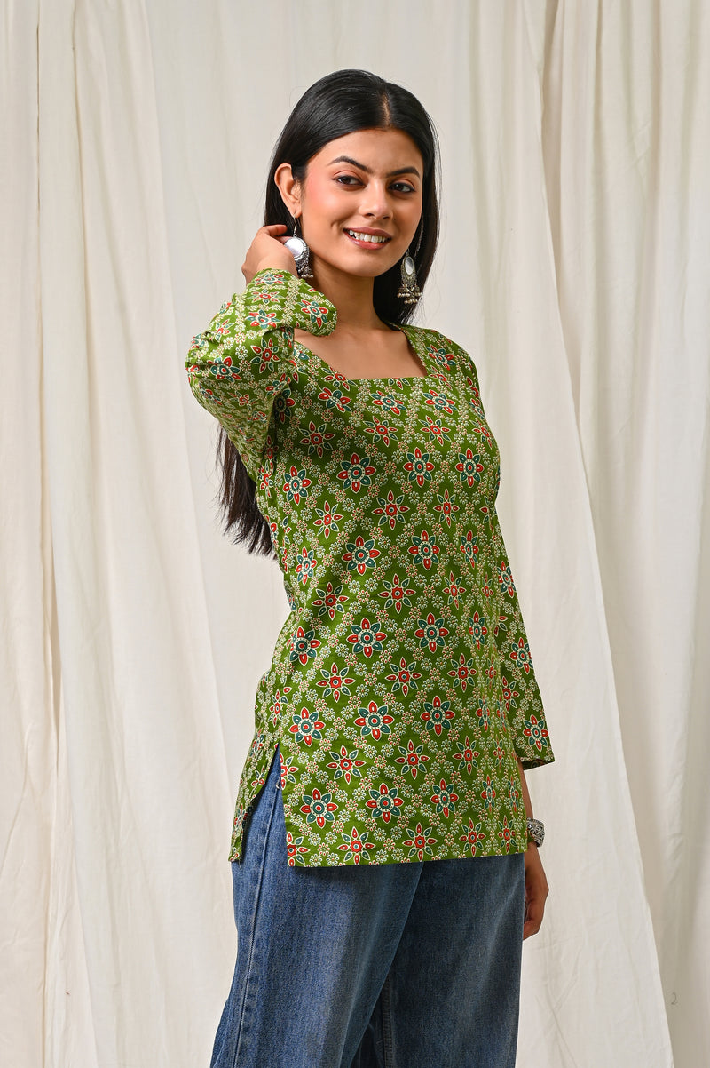Women Green Multicolor Printed Cotton Short Kurti - Full Length View