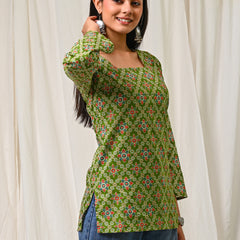 Women Green Multicolor Printed Cotton Short Kurti - Full Length View