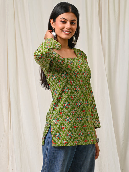Women Green Multicolor Printed Cotton Short Kurti - Full Length View
