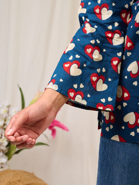 Blue heart printed cotton short kurti for women