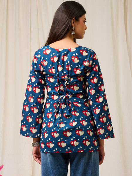 Women Blue Heart Printed Cotton Short Kurti - Side / Back View