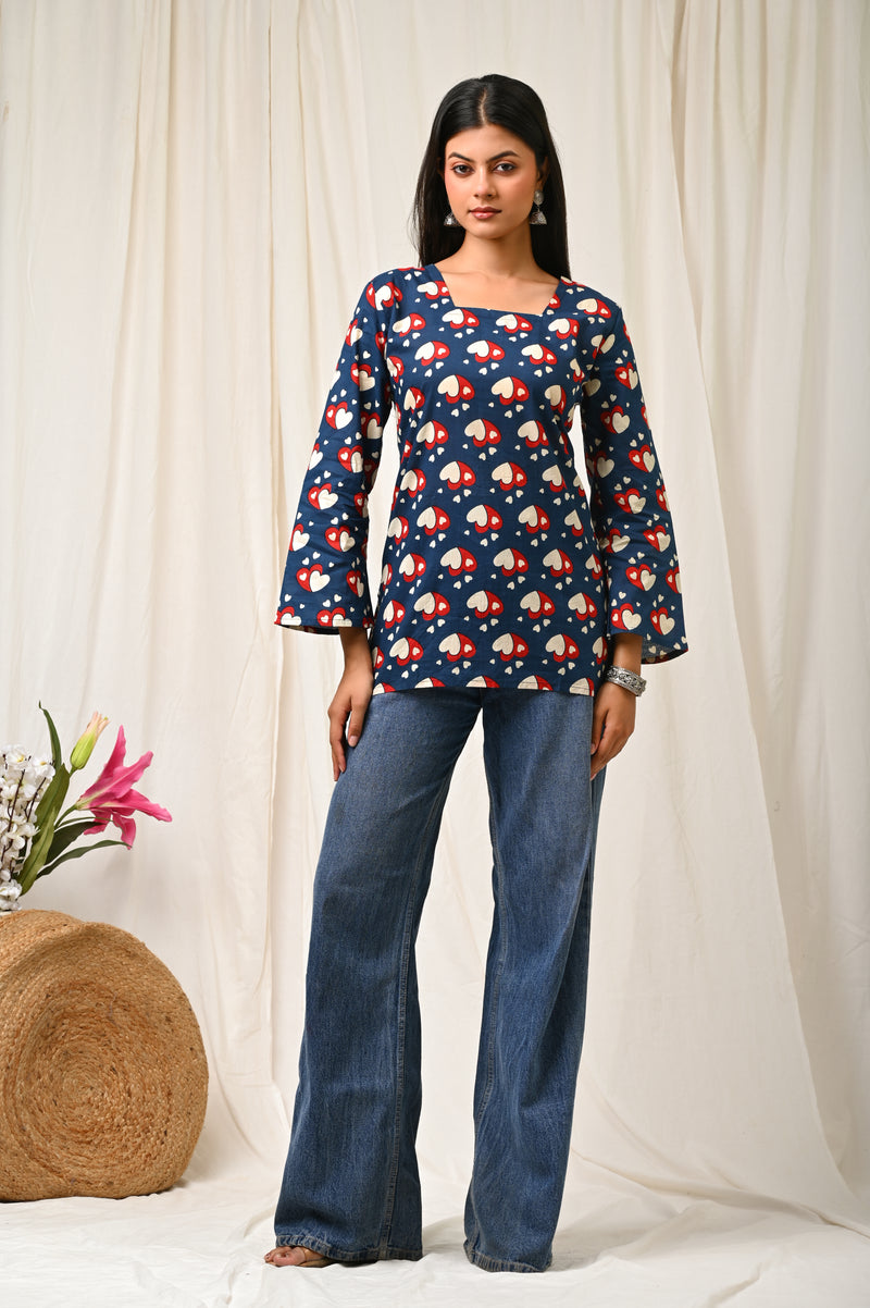 Women Blue Heart Printed Cotton Short Kurti - Detail View