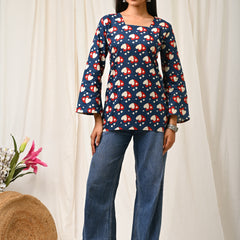 Women Blue Heart Printed Cotton Short Kurti - Detail View