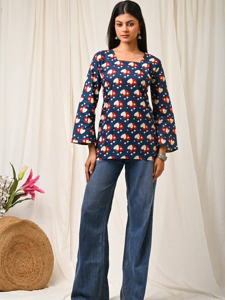 Women Blue Heart Printed Cotton Short Kurti - Detail View
