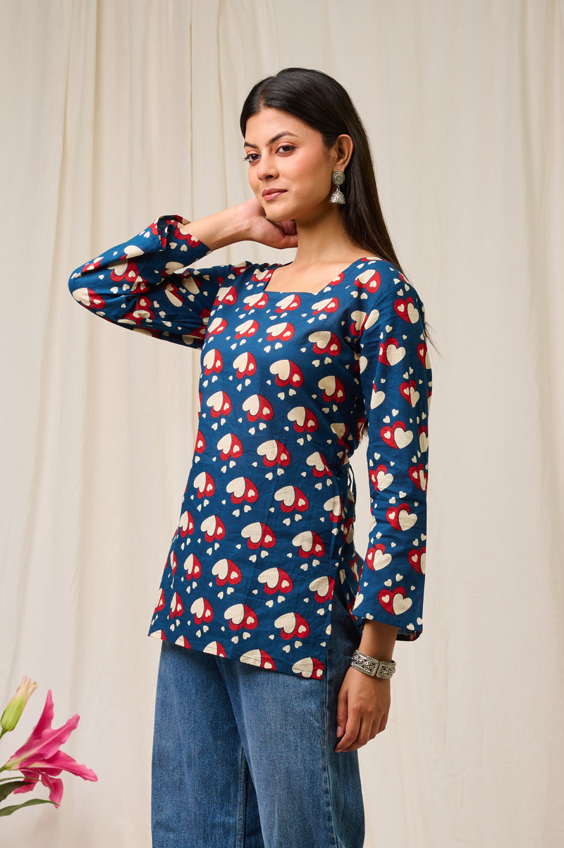 Women Blue Heart Printed Cotton Short Kurti - Full Length View
