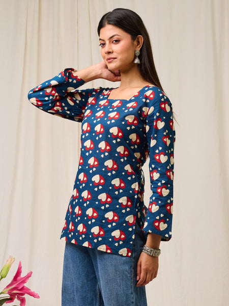 Women Blue Heart Printed Cotton Short Kurti - Full Length View