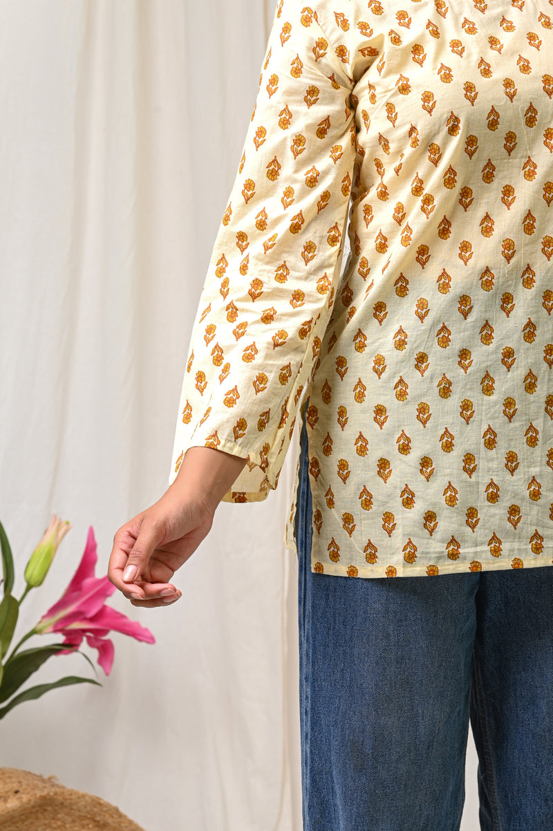 Cream mustard printed cotton short kurti for women