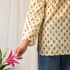 Cream mustard printed cotton short kurti for women