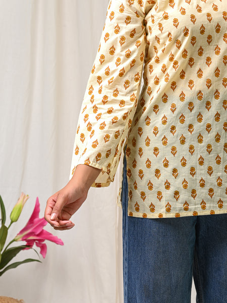 Cream mustard printed cotton short kurti for women