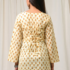 Women Cream Mustard Printed Cotton Short Kurti - Side / Back View