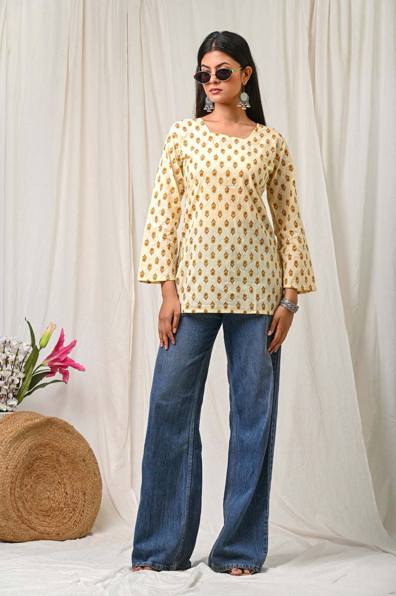 Women Cream Mustard Printed Cotton Short Kurti - Detail View