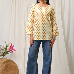 Women Cream Mustard Printed Cotton Short Kurti - Detail View