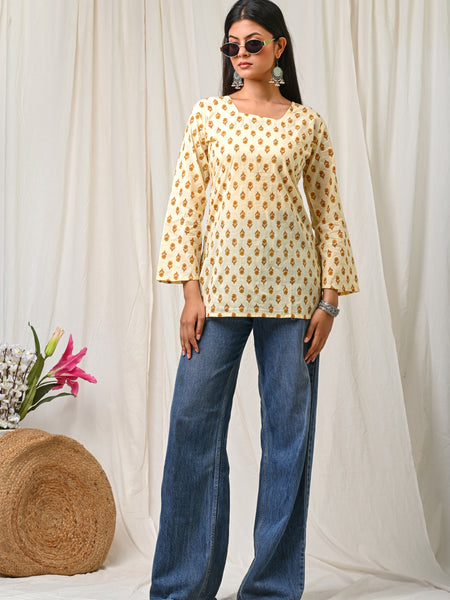 Women Cream Mustard Printed Cotton Short Kurti - Detail View