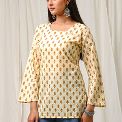 Women Cream Mustard Printed Cotton Short Kurti - Flowy View