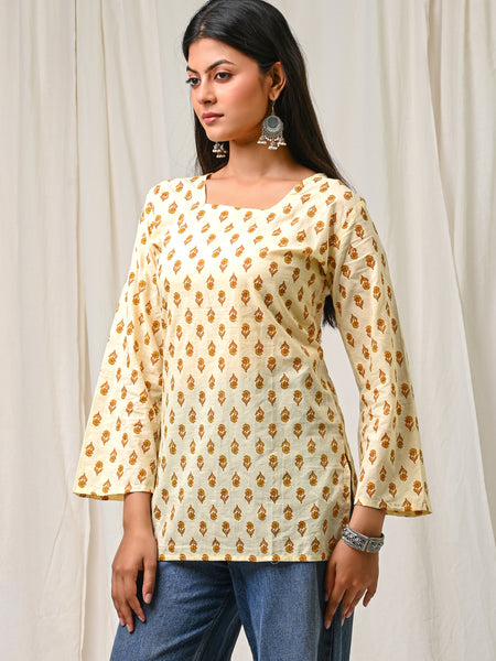 Women Cream Mustard Printed Cotton Short Kurti - Flowy View