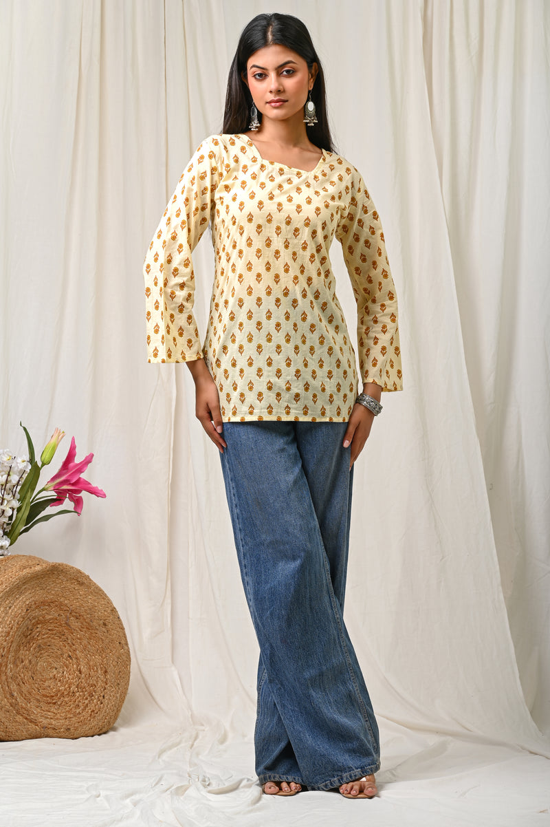 Women Cream Mustard Printed Cotton Short Kurti - Full Length View