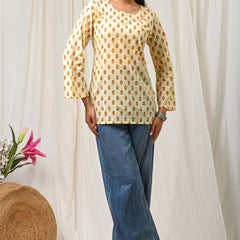 Women Cream Mustard Printed Cotton Short Kurti - Full Length View