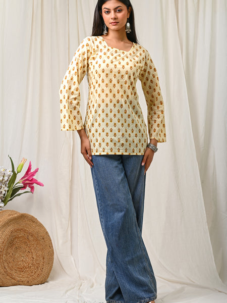 Women Cream Mustard Printed Cotton Short Kurti - Full Length View