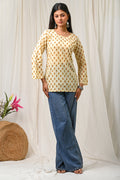 Women Cream Mustard Printed Cotton Short Kurti